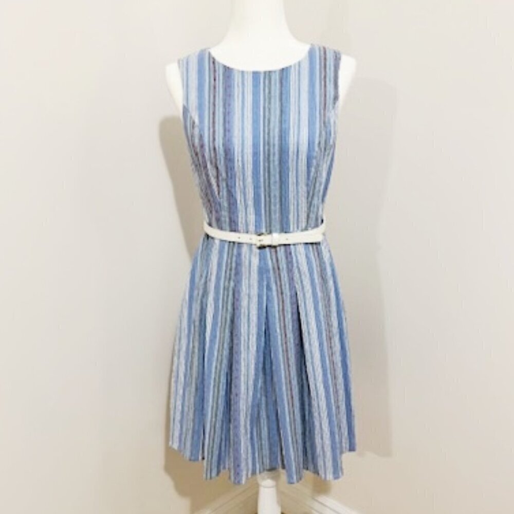 Tommy Hilfiger A-Line Dress Light Blue Striped Sleeveless Textured Belted 8P